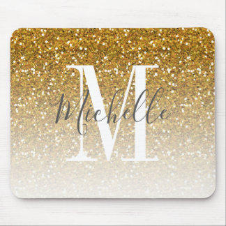 Girly Gold Glitter Ombre Sparkle Monogram Name Mouse Pad