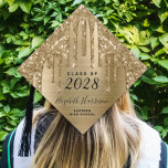 Girly Gold Glitter Personalized Graduation Cap Topper<br><div class="desc">Girly custom grad cap topper with faux gold glitter drips against a gold faux metallic foil background. Personalize with your class year,  name and school in modern typography and script.</div>