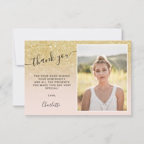 Girly  gold glitter pink ombre 3 photos Sweet 16 Thank You Card
