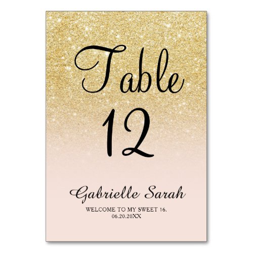 Girly gold glitter pink ombre sweet 16 table table number