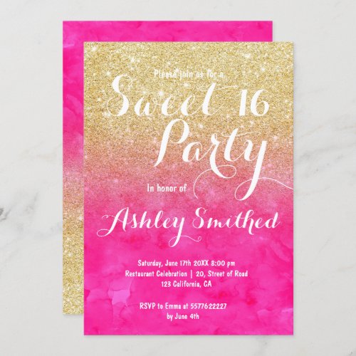 Girly gold glitter pink watercolor ombre Sweet 16 Invitation