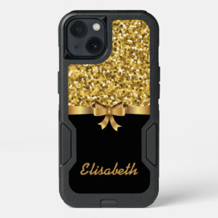 GIRLY GOLD glitter printed black GOLD BOW monogram iPhone 13 Case
