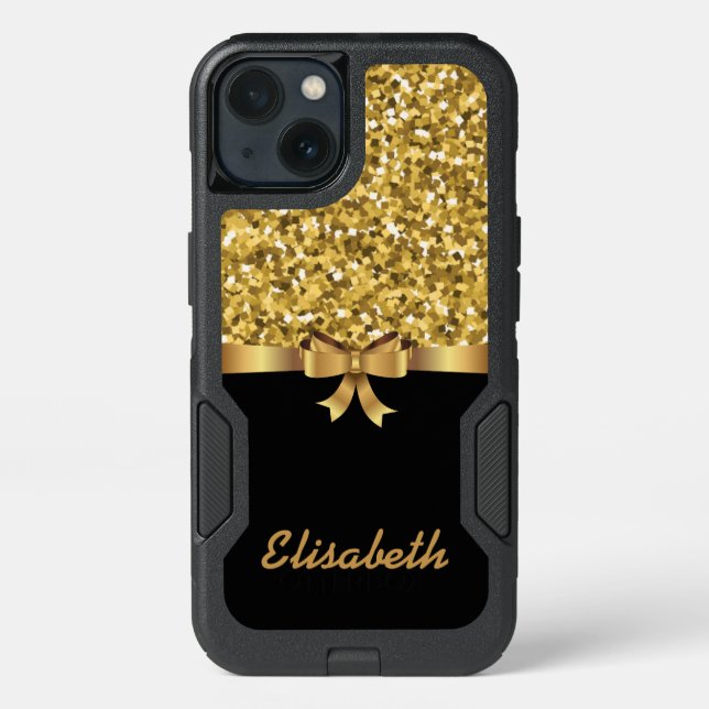 GIRLY GOLD glitter printed black GOLD BOW monogram Otterbox iPhone Case (Back)