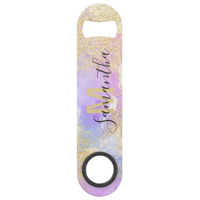Girly gold glitter purple watercolor monogram bar key (Front)