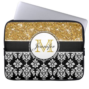Girly Gold Glitter Sparkle Black Damask Monogram Laptop Sleeve by DamaskGallery at Zazzle