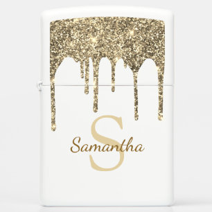 Girly Gold Glitter Sparkle Drips Monogram Zippo Lighter