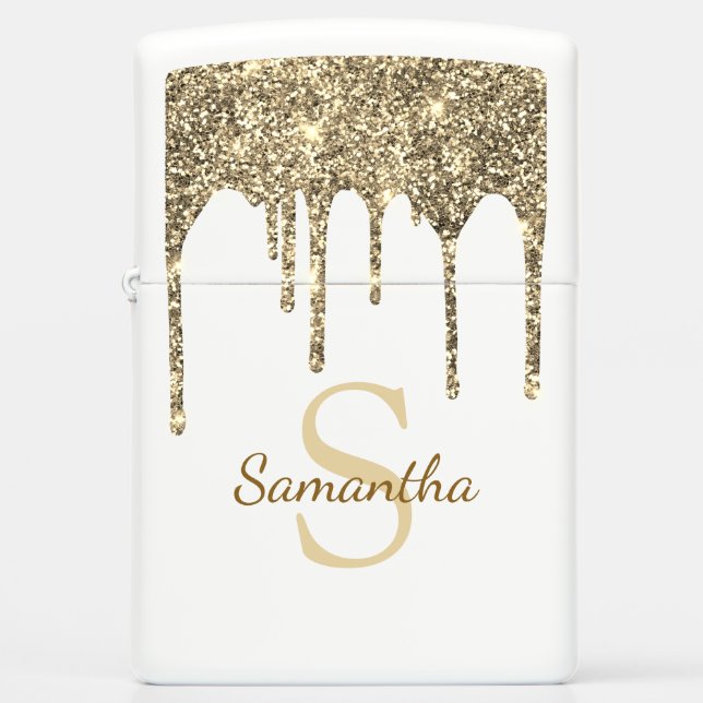 Girly Gold Glitter Sparkle Drips Monogram Zippo Lighter (Front)