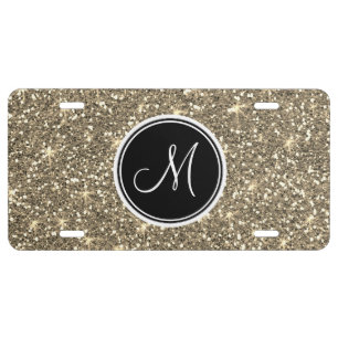 Girly Gold Glitter Sparkle Monogram Black Initial License Plate
