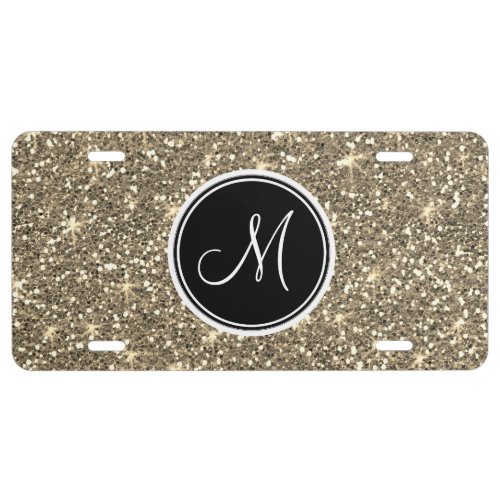 Girly Gold Glitter Sparkle Monogram Black Initial License Plate