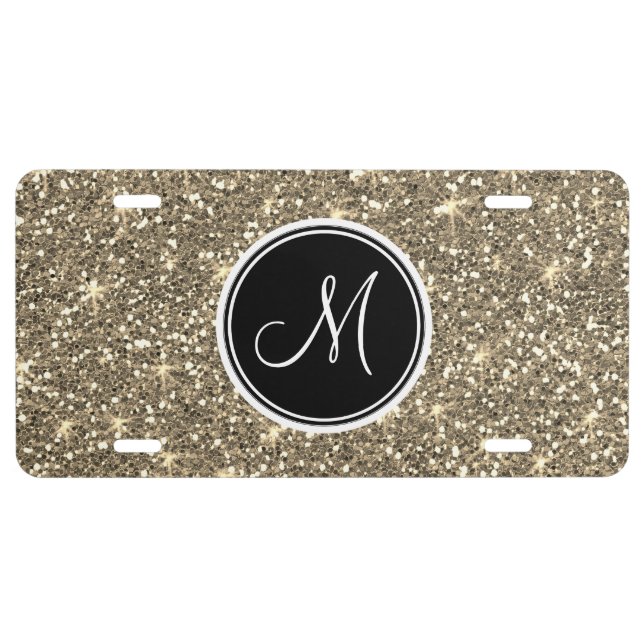 Girly Gold Glitter Sparkle Monogram Black Initial License Plate (Front)