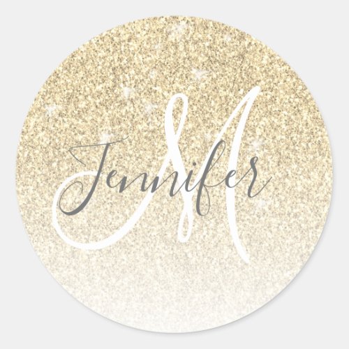 Girly Gold Glitter Sparkle Monogram Name  Classic Round Sticker