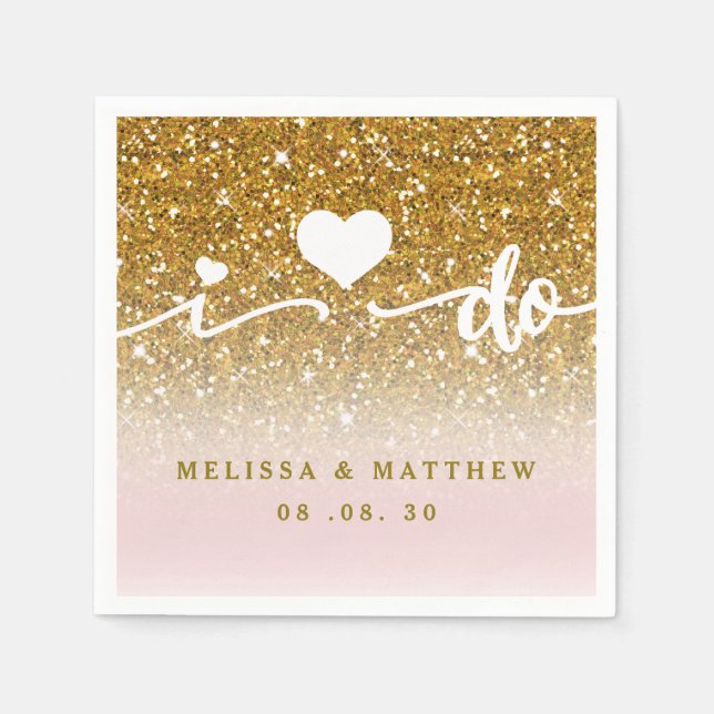 Girly Gold Glitter Sparkle Pink I Do Names Wedding Napkins (Front)
