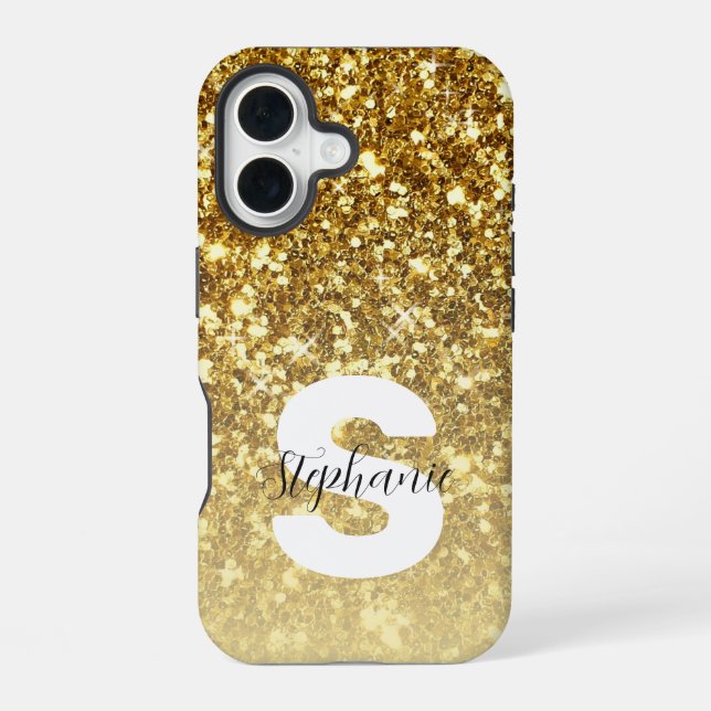 Girly Gold Glitter Sparkles Monogram Script Name Iphone Case (Back)