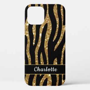 Girly Gold Glitter Tiger Stripe Name iPhone 12 Case