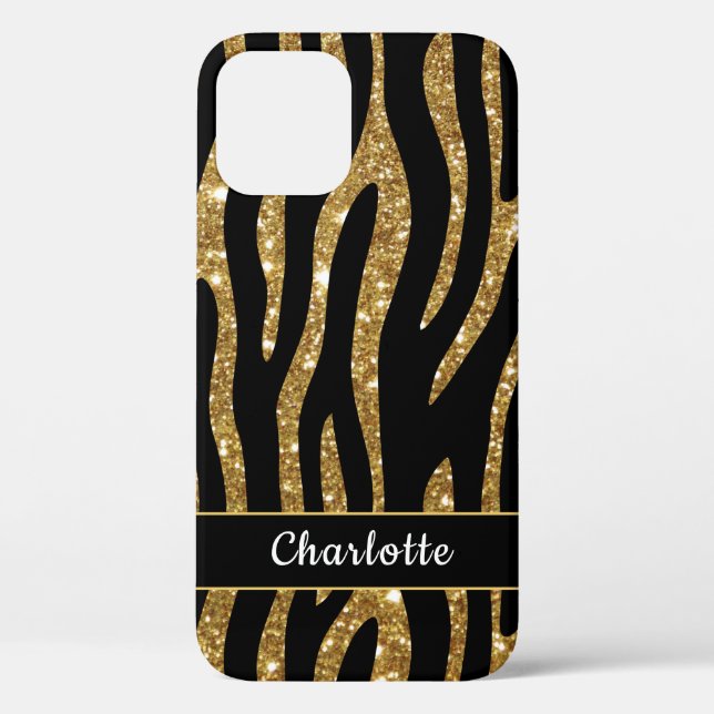 Girly Gold Glitter Tiger Stripe Name Case-Mate iPhone Case (Back)