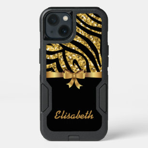 GIRLY GOLD glitter ZEBRA black GOLD BOW monogram iPhone 13 Case