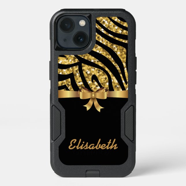 GIRLY GOLD glitter ZEBRA  black GOLD BOW monogram Otterbox iPhone Case (Back)