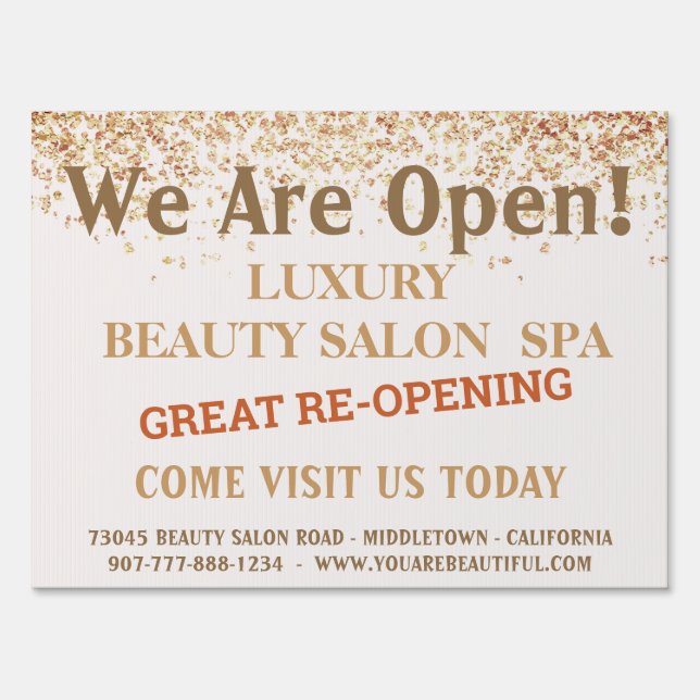 Girly Gold Glittery We Are Open Great ReOpening  Sign (Front)