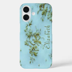 Girly Gold Lace Teal Feminine and Elegant iPhone 16 Case