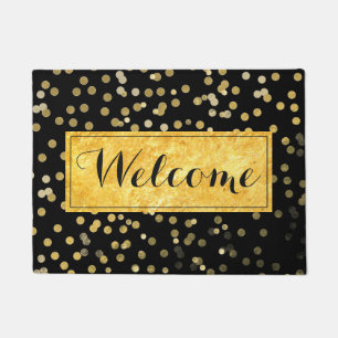 girly gold leaf dots on black welcome doormat