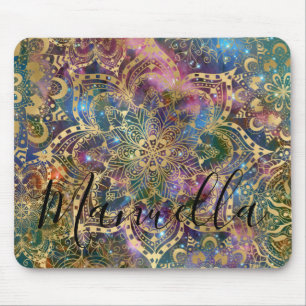 Girly Gold Mandala Galaxy Custom Name Monogram Mouse Pad