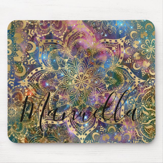 Girly Gold Mandala Galaxy Custom Name Monogram Mouse Pad (Front)