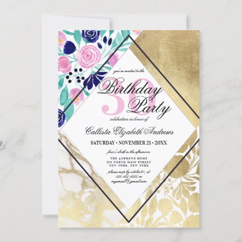 Girly Gold Marble Floral Watercolor Birthday Invitation