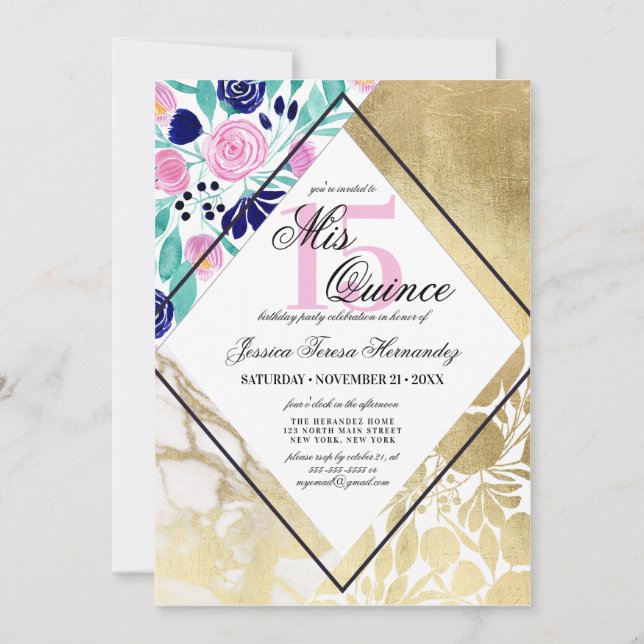 Girly Gold Marble Floral Watercolor Mis Quince Invitation (Front)
