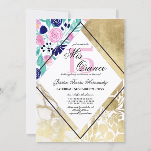 Girly Gold Marble Floral Watercolor Mis Quince Invitation