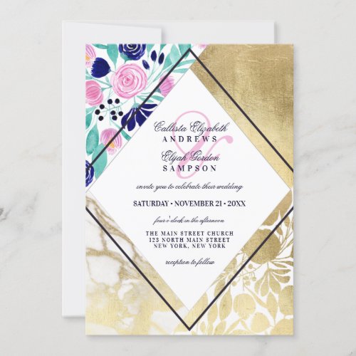 Girly Gold Marble Floral Watercolor Wedding Invitation
