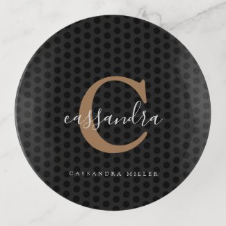 Girly Gold Monogram Black Polka Dots Trinket Tray