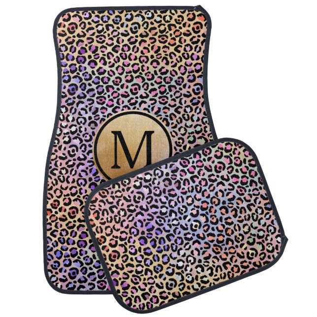 Girly Gold Monogram Iridescent Rainbow Leopard Car Floor Mat (Set)