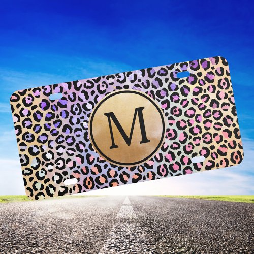 Girly Gold Monogram Iridescent Rainbow Leopard License Plate