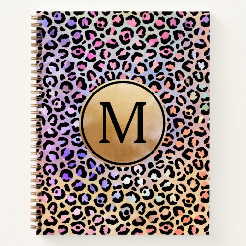 Girly Gold Monogram Iridescent Rainbow Leopard Notebook