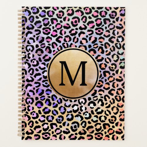 Girly Gold Monogram Iridescent Rainbow Leopard Planner