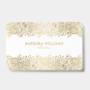 Girly Gold On White Floral Paisley Lace Badge