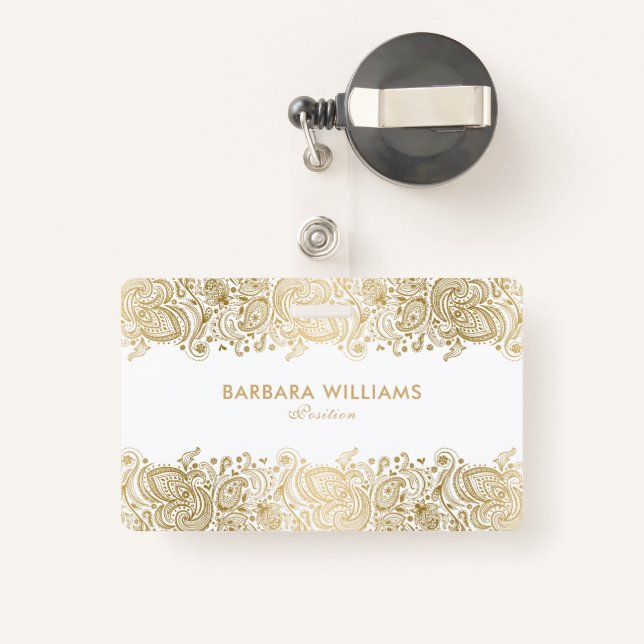 Girly Gold On White Floral Paisley Lace Badge (Back with Retractable)