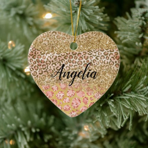 Girly Gold Peach Glitter Leopard Print Ceramic Ornament