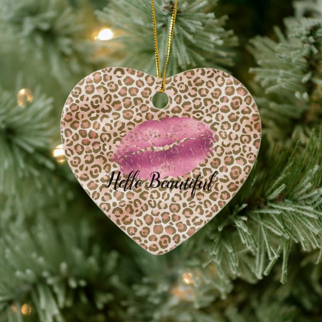 Girly Gold Peach Leopard Print Pink Lips Kiss Ceramic Ornament (Tree)