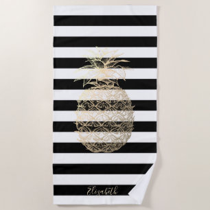Girly Gold Pineapple, Black White Stripes Beach Towel