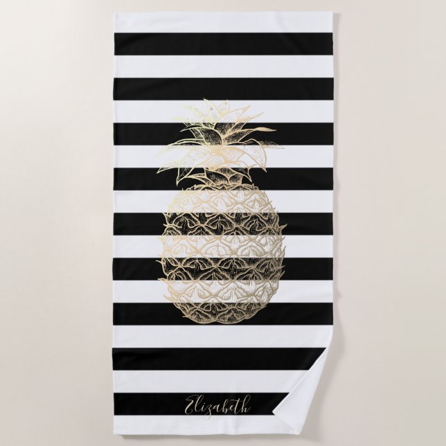 Girly Gold Pineapple, Black White Stripes  Beach Towel (Front)