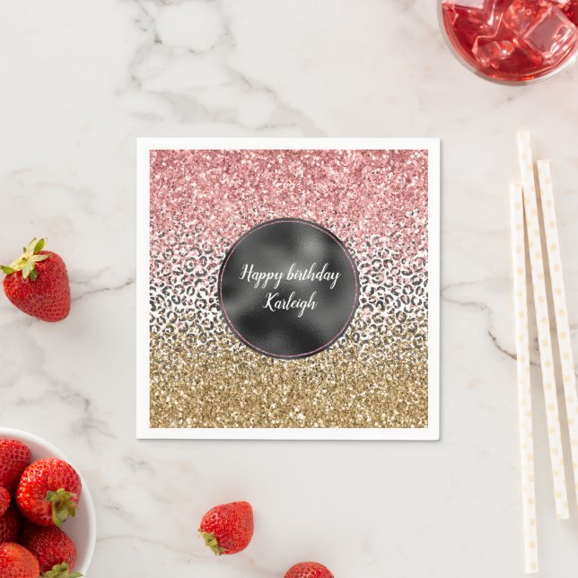 Girly Gold Pink Black White Leopard Print Glitter Napkins (Insitu)