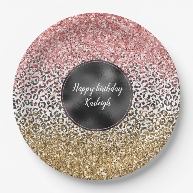 Girly Gold Pink Black White Leopard Print Glitter Paper Plates (Front)