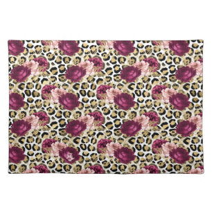 Girly Gold Pink Floral Leopard Print Cloth Placemat