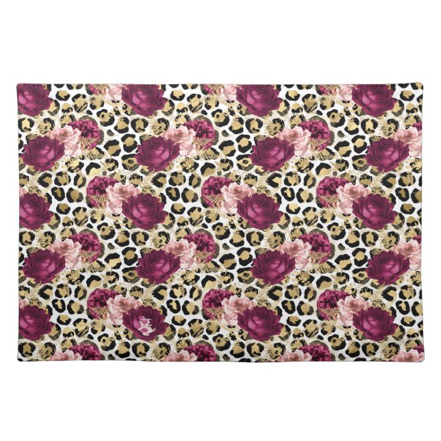 Girly Gold Pink Floral Leopard Print Cloth Placemat (Front)