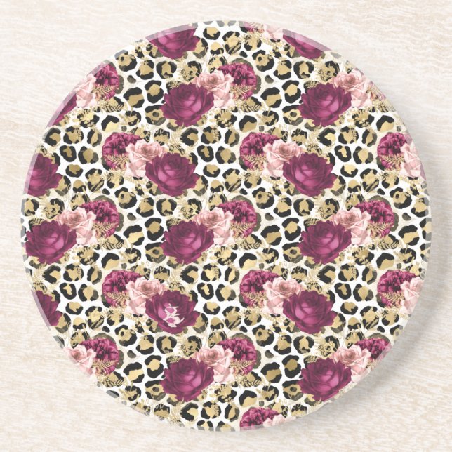 Girly Gold Pink Floral Leopard Print Coaster (Front)