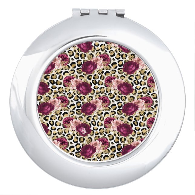 Girly Gold Pink Floral Leopard Print Compact Mirror (Front)