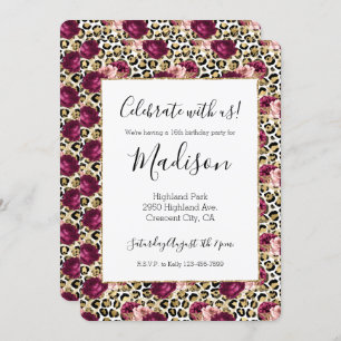 Girly Gold Pink Floral Leopard Print Invitation