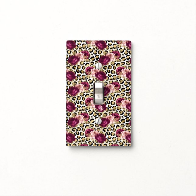 Girly Gold Pink Floral Leopard Print Light Switch Cover (In Situ)