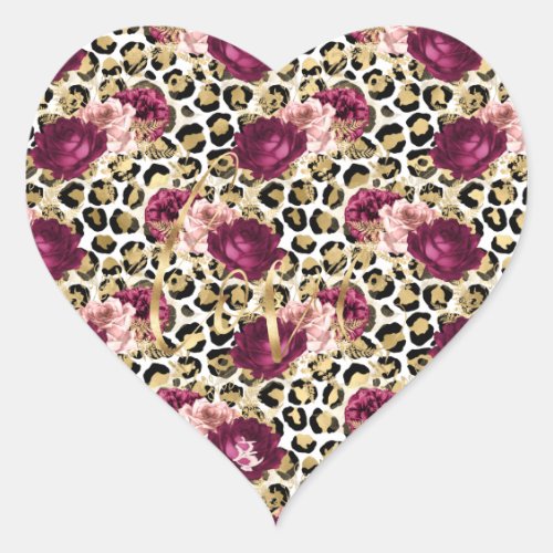 Girly Gold Pink Floral Leopard Print Love Heart Sticker
